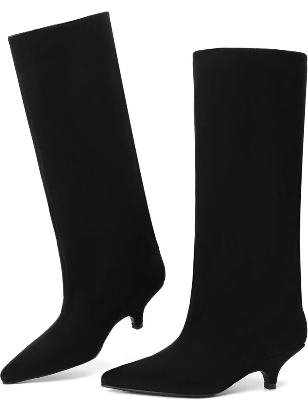 Women Black Suede Pointed-Toe Fold Over Wide Calf Low Kitten Knee-High Boot